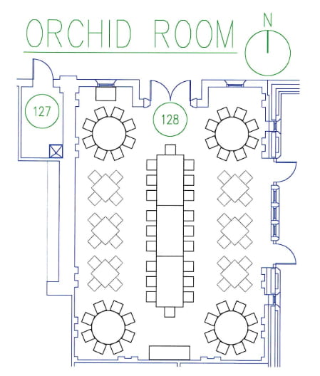 A floorplan diagram of the Orchid Room showing doorways and the standard setting. There is a round table in each corner, a long table through the center of the space, and three square tables set at diagonals on the left side and the right side. The space seats 68 in standard setting.