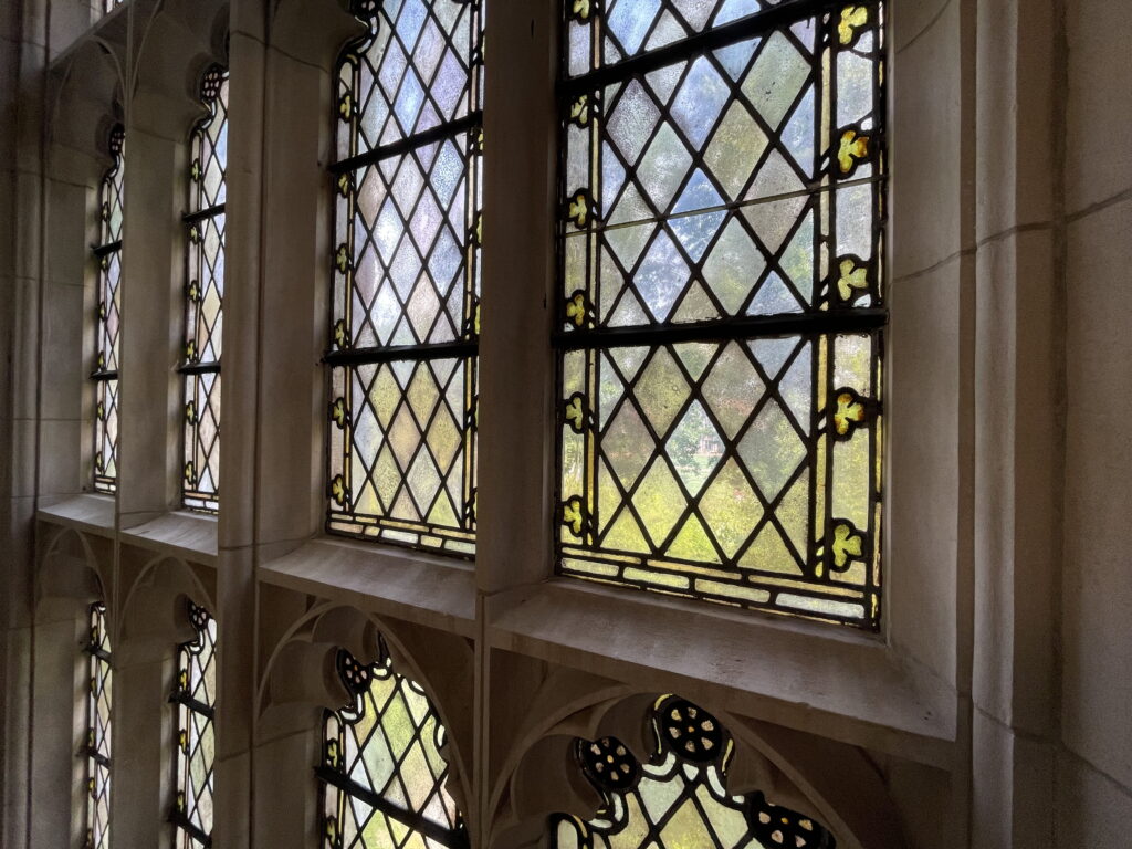 Inside of Graham Chapel, view of stained glass