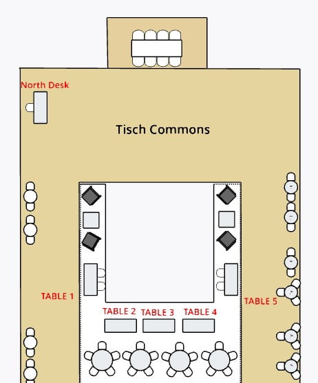 A diagram showing where reservable tables are located in Tisch Commons 